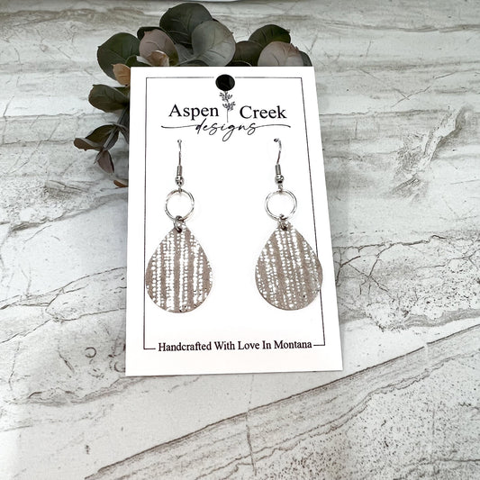 Leather & Wire Earrings- Silver Stripes On Taupe