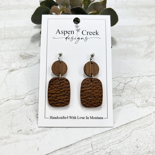 Leather Wood Tier Earrings- Walnut With Distressed Brown