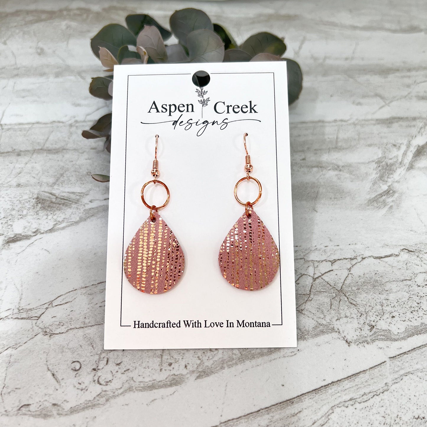 Leather & Wire Earrings- Rose Gold Stripes On Pink