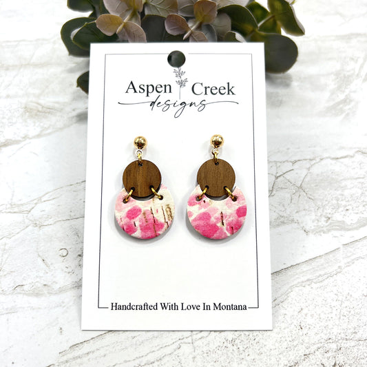 Cork Over Leather Wood Tier Earrings- Walnut With Pink Floral