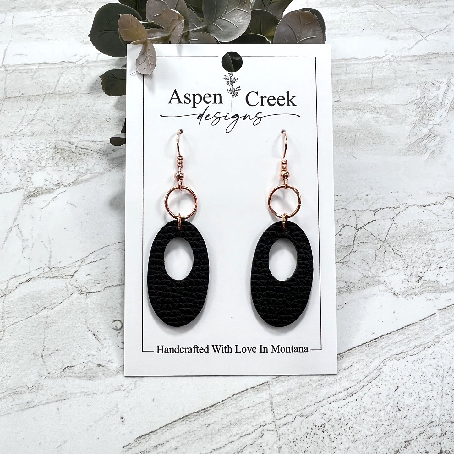 Leather & Wire Earrings- Black Pebble