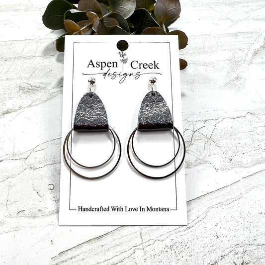 Leather & Wire Earrings- Silver Metallic