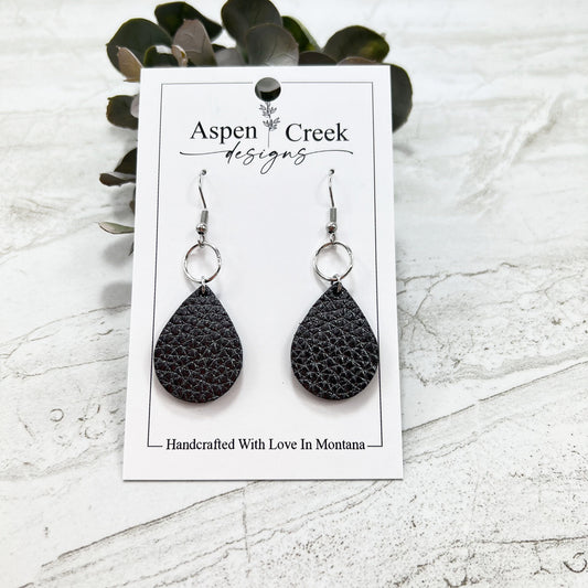 Leather & Wire Earrings- Gun Metal Pebble