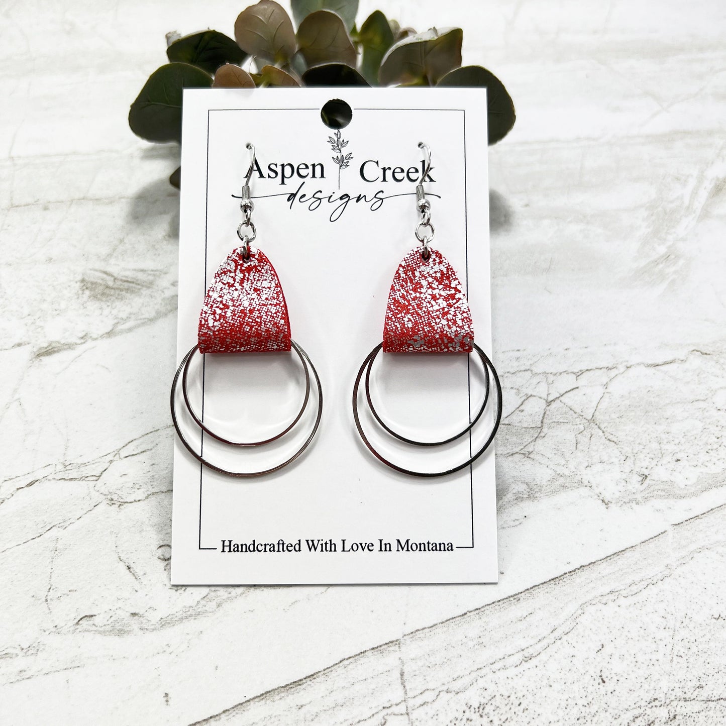 Leather & Wire Earrings- Red & Silver Metallic