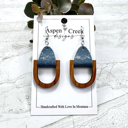 Leather Wood Tier Earrings- Cherry With Blue Dust