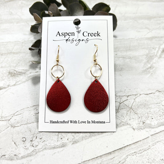 Leather & Wire Earrings- Brushed Red Metallic