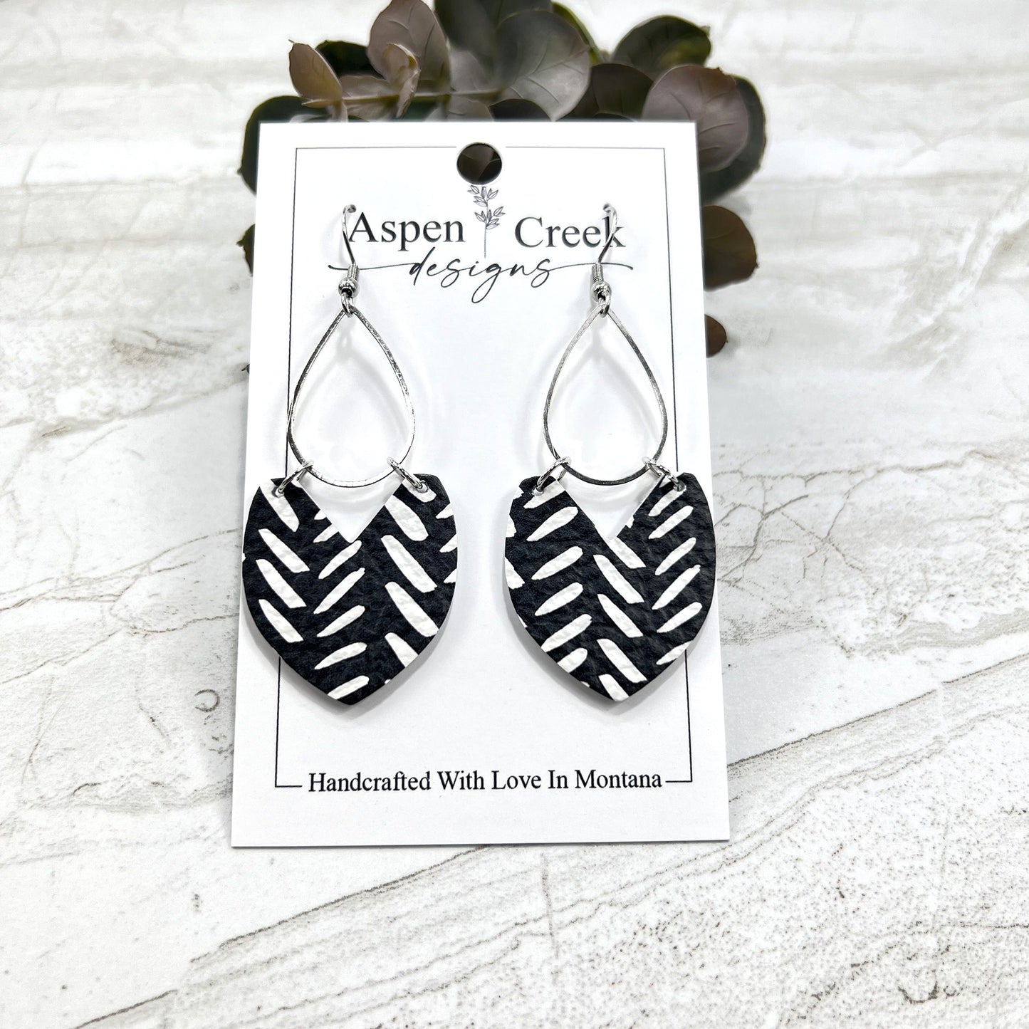 Leather & Wire Earrings- Black & White Rough Chevron