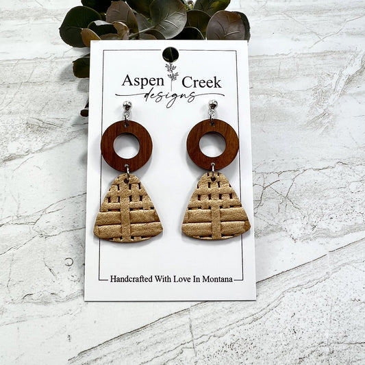 Leather Wood Tier Earrings- Walnut With Tan Weave