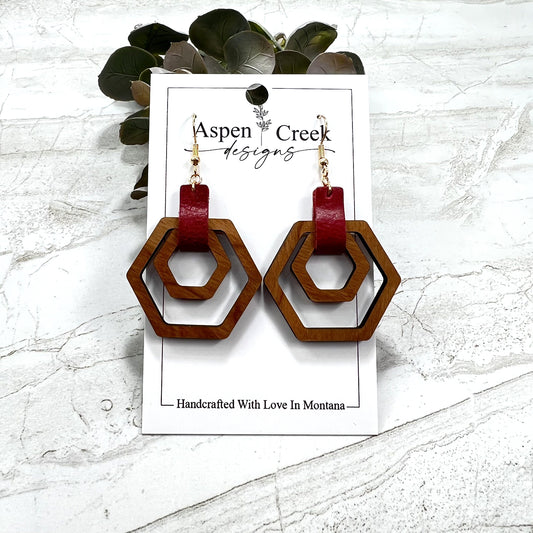 Leather Wood Tier Earrings- Walnut With Wine