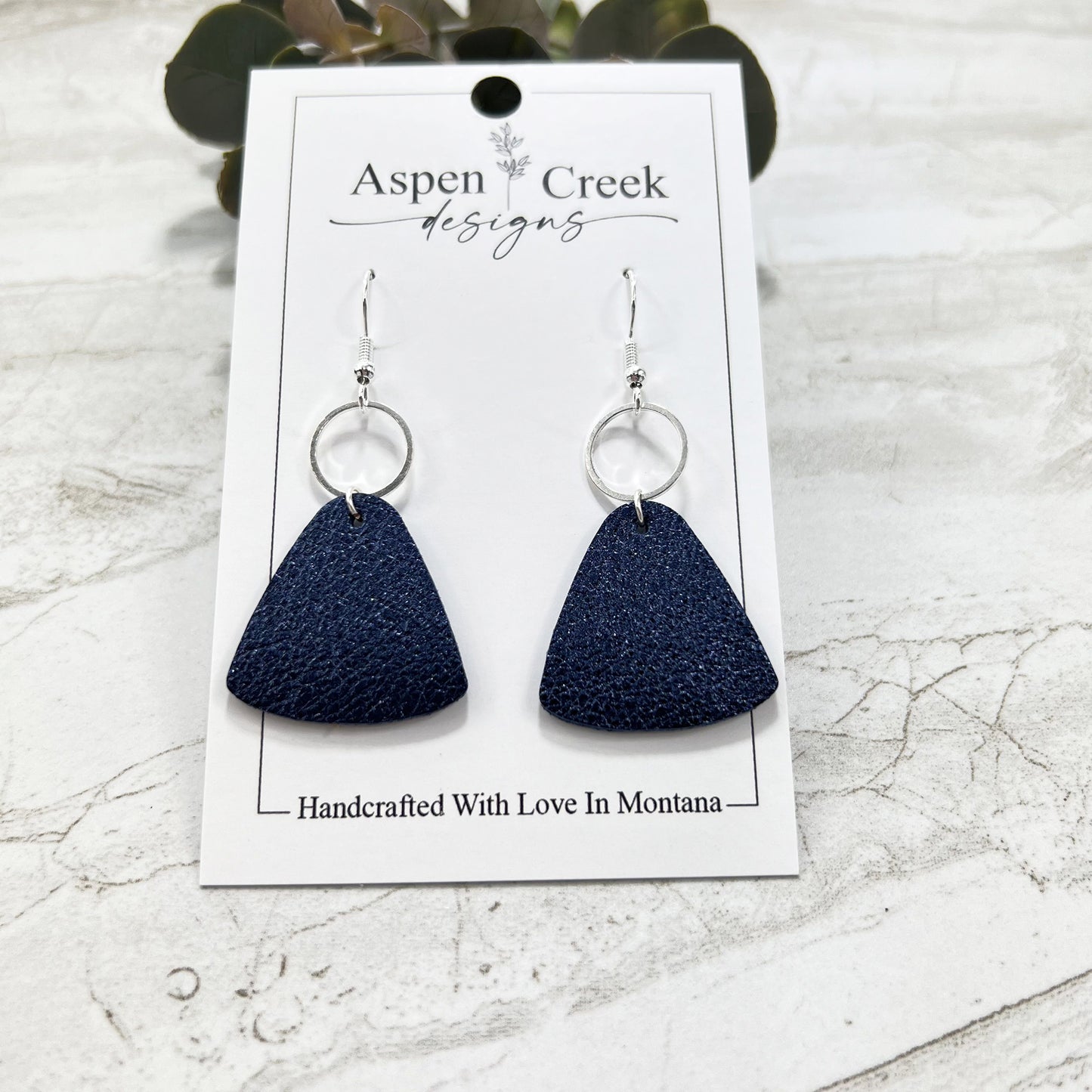 Leather & Wire Earrings- Brushed Blue Metallic