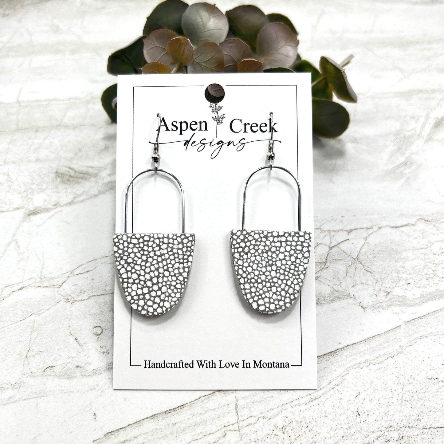 Leather & Wire Earrings- White spots Over Gray