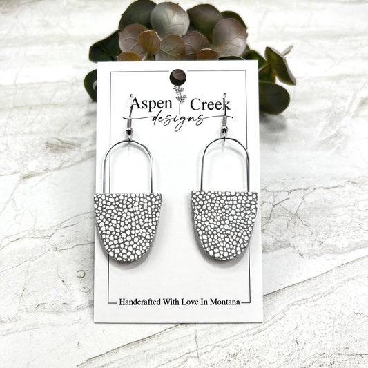 Leather & Wire Earrings- White spots Over Gray