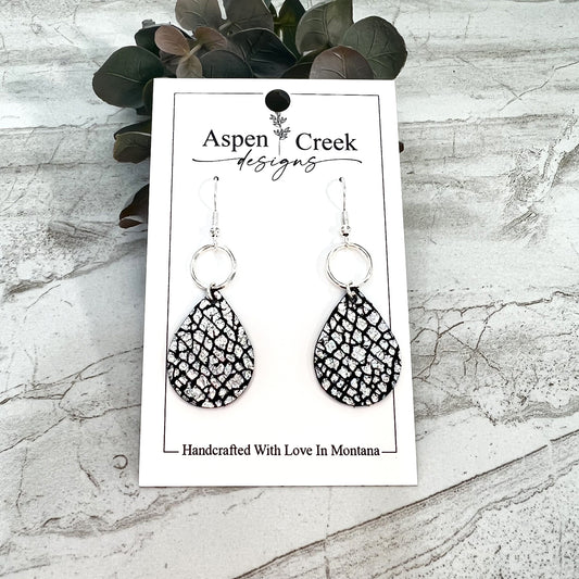 Leather & Wire Earrings- Silver & Black Crackle