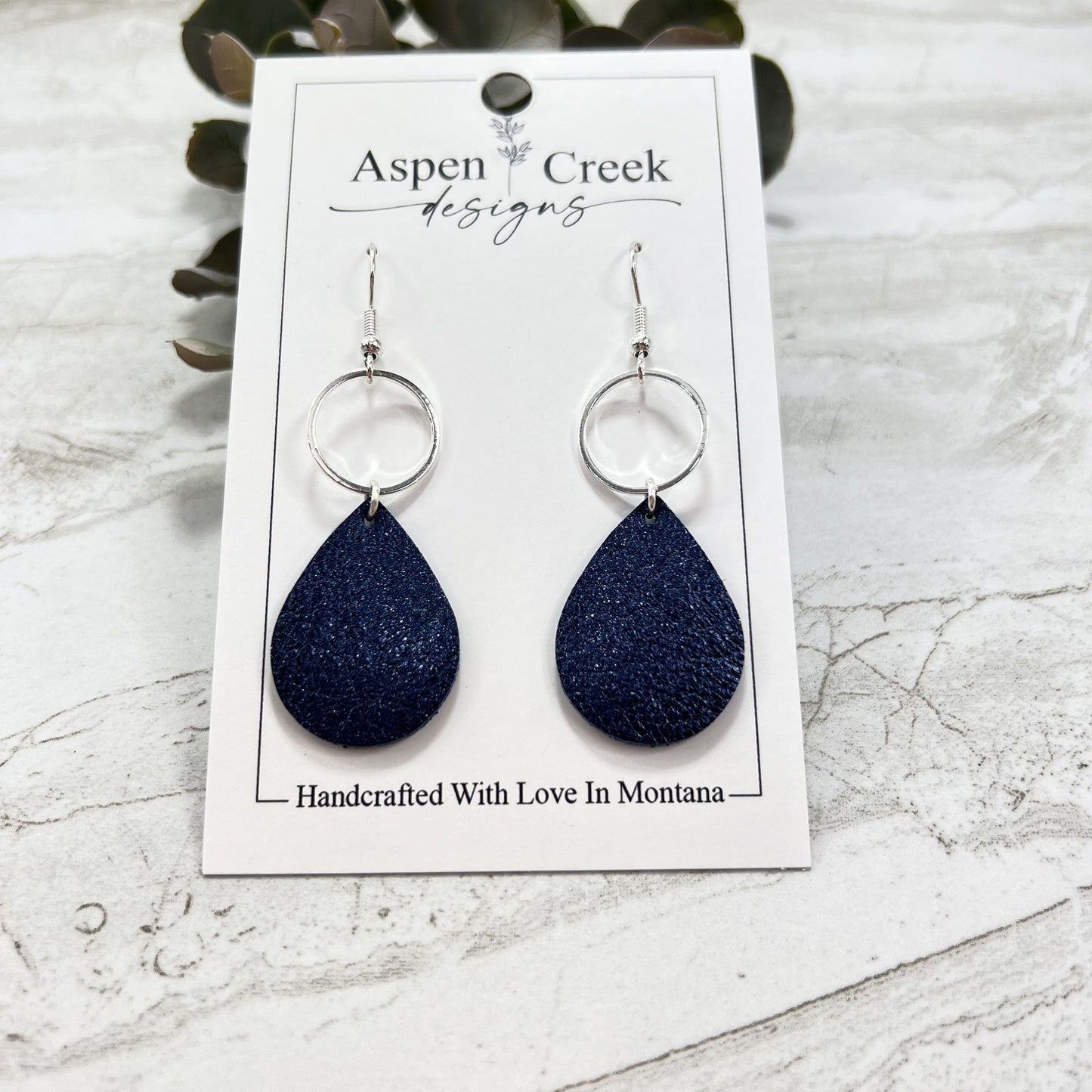 Leather & Wire Earrings- Brushed Midnite Blue