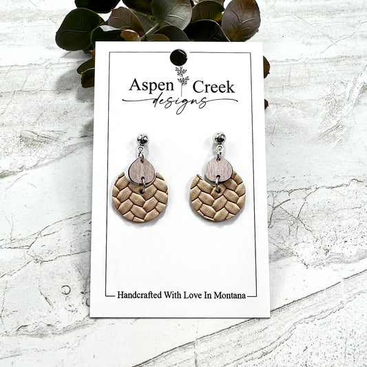 Leather Wood Tier Earrings- Whitewash Beech With Nude Braid