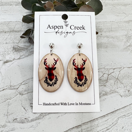 Resin Earrings- Plaid Deer Scenic