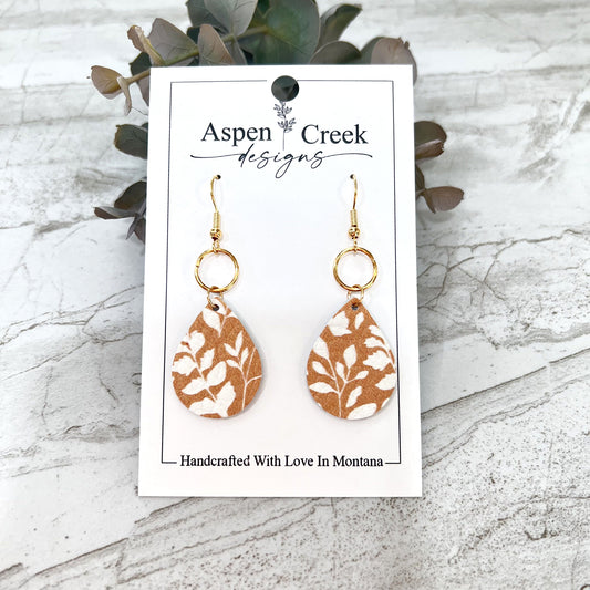 Leather & Wire Earrings- White Foliage