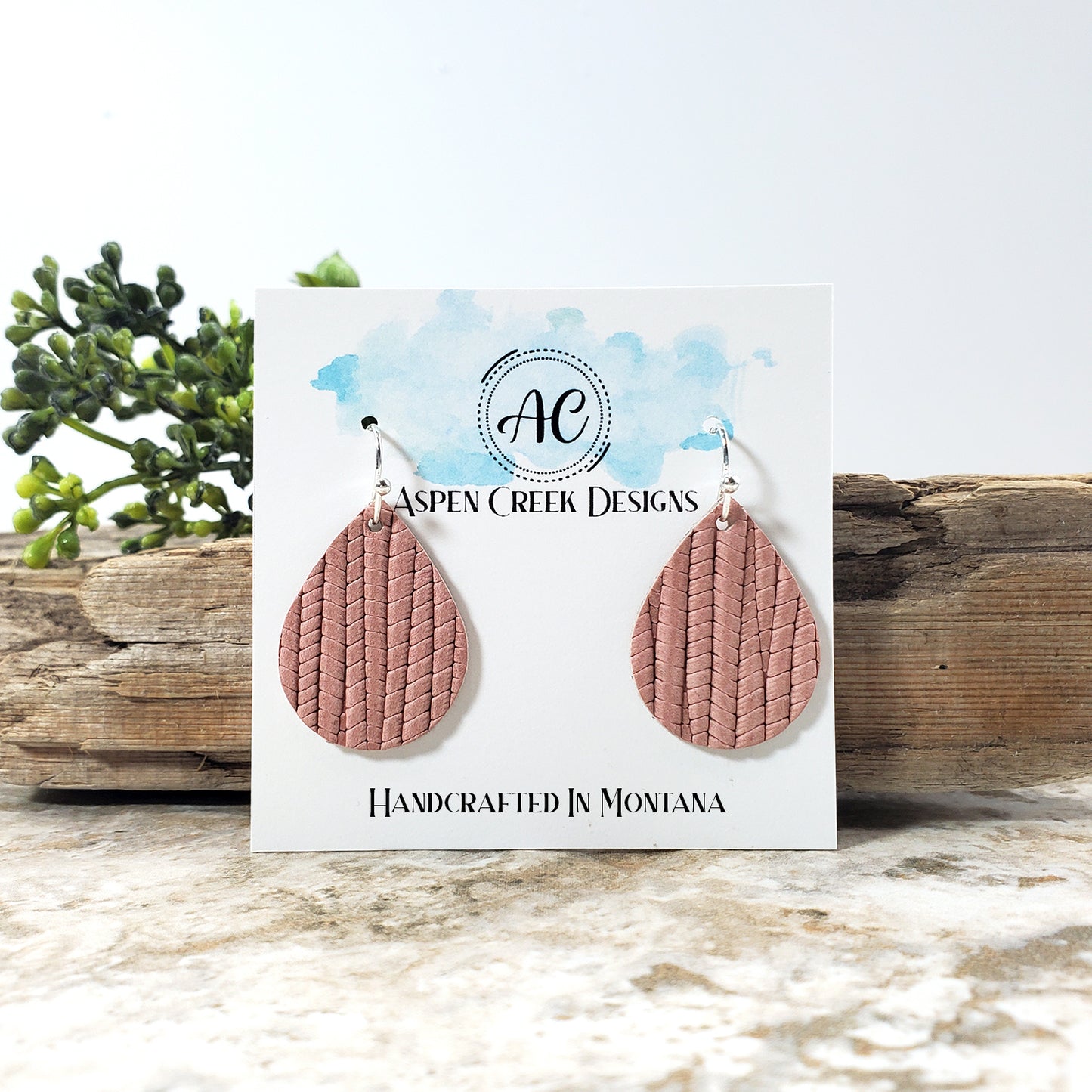 Genuine Leather Mini Teardrop Earrings- Dusty Pink Palm