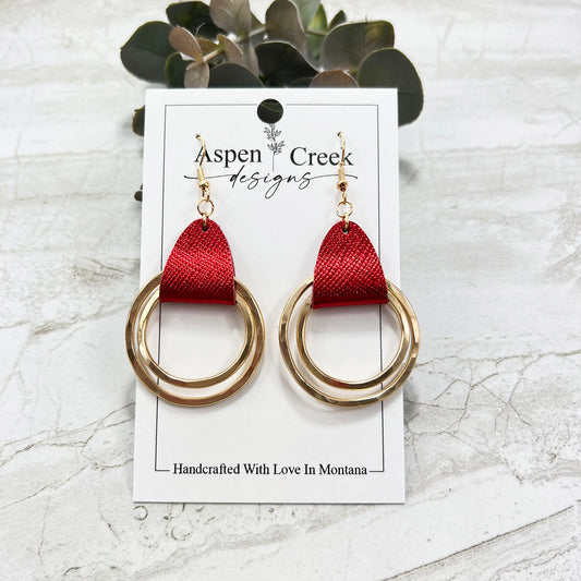 Leather & Wire Earrings- Red Metallic Saffiano