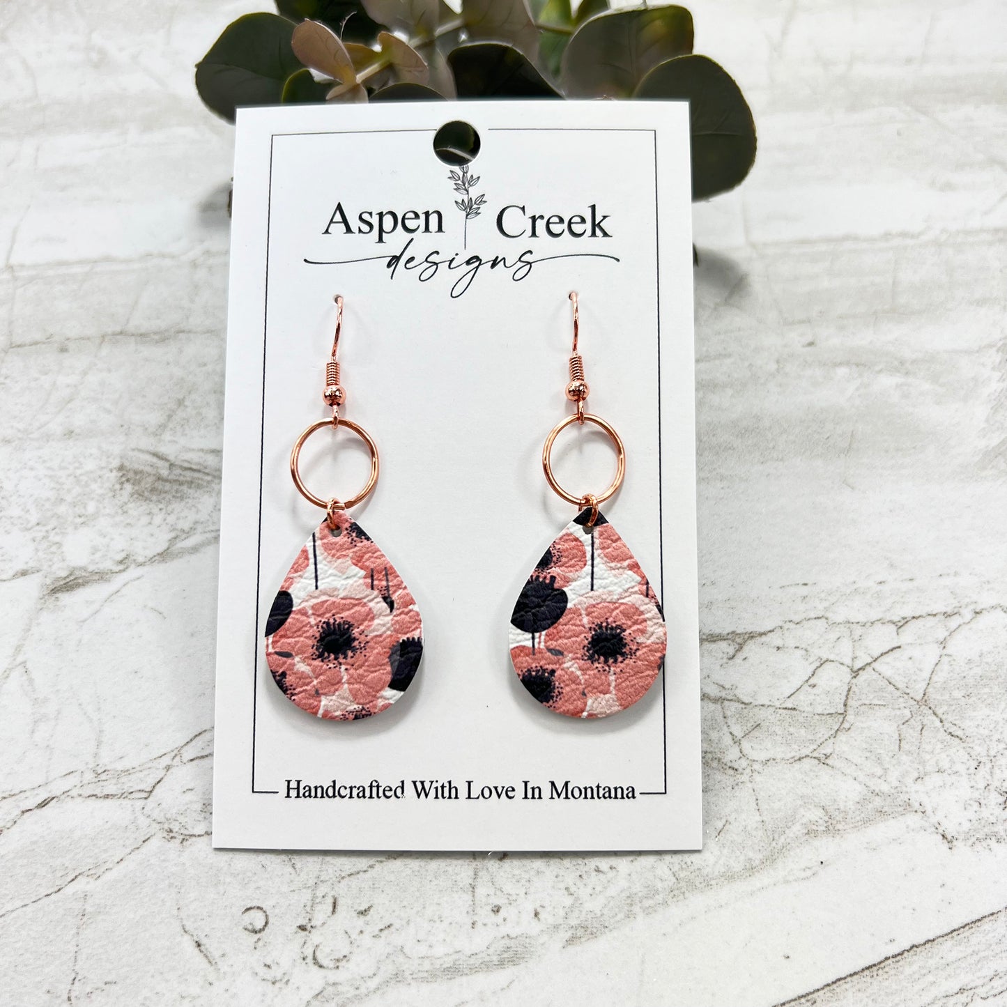 Leather & Wire Earrings- Poppy Fields