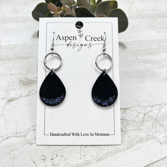 Leather & Wire Earrings- Black With Blue Sparkle