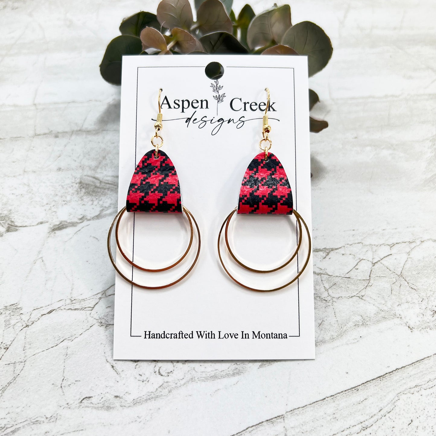 Leather & Wire Earrings- Red & Black Buffalo Plaid