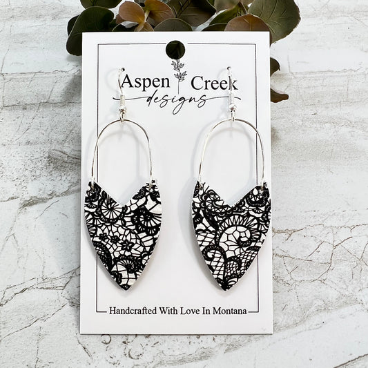 Leather & Wire Earrings- Black & White Abstract