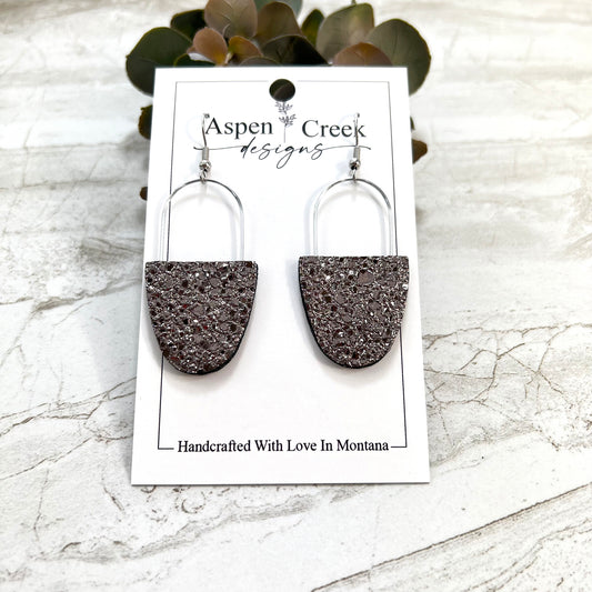 Leather & Wire Earrings- Gun Metal Sparkle Metallic