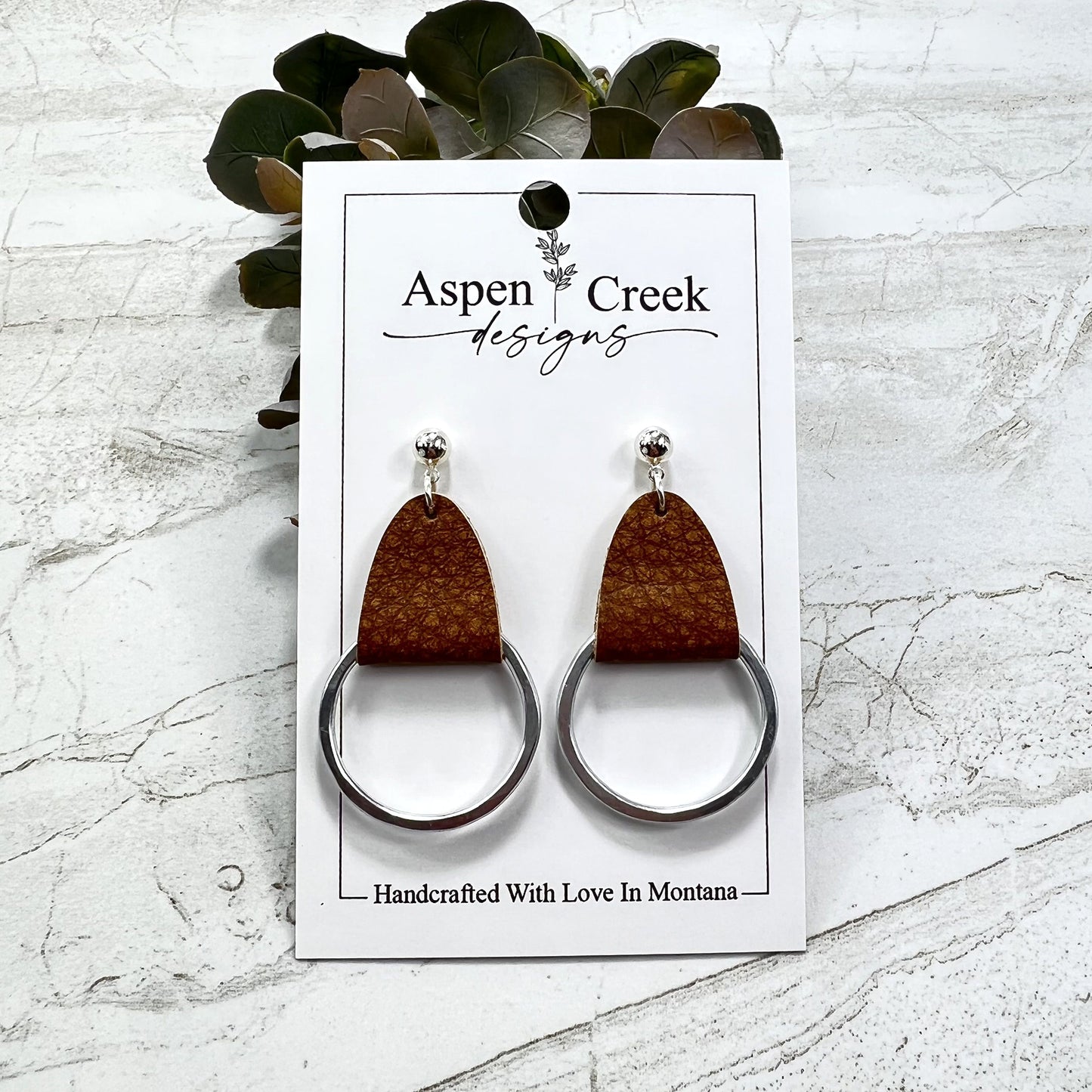 Leather & Wire Earrings- Brown Pebble