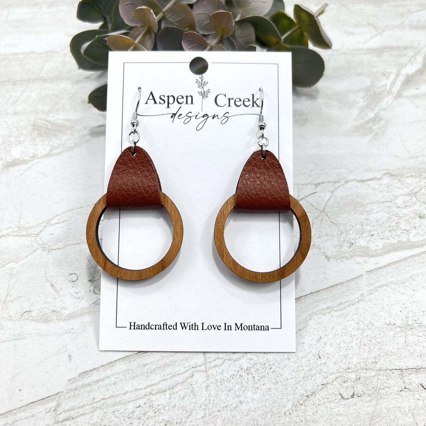 Leather Wood Tier Earrings- Cherry With Burgundy Pebble