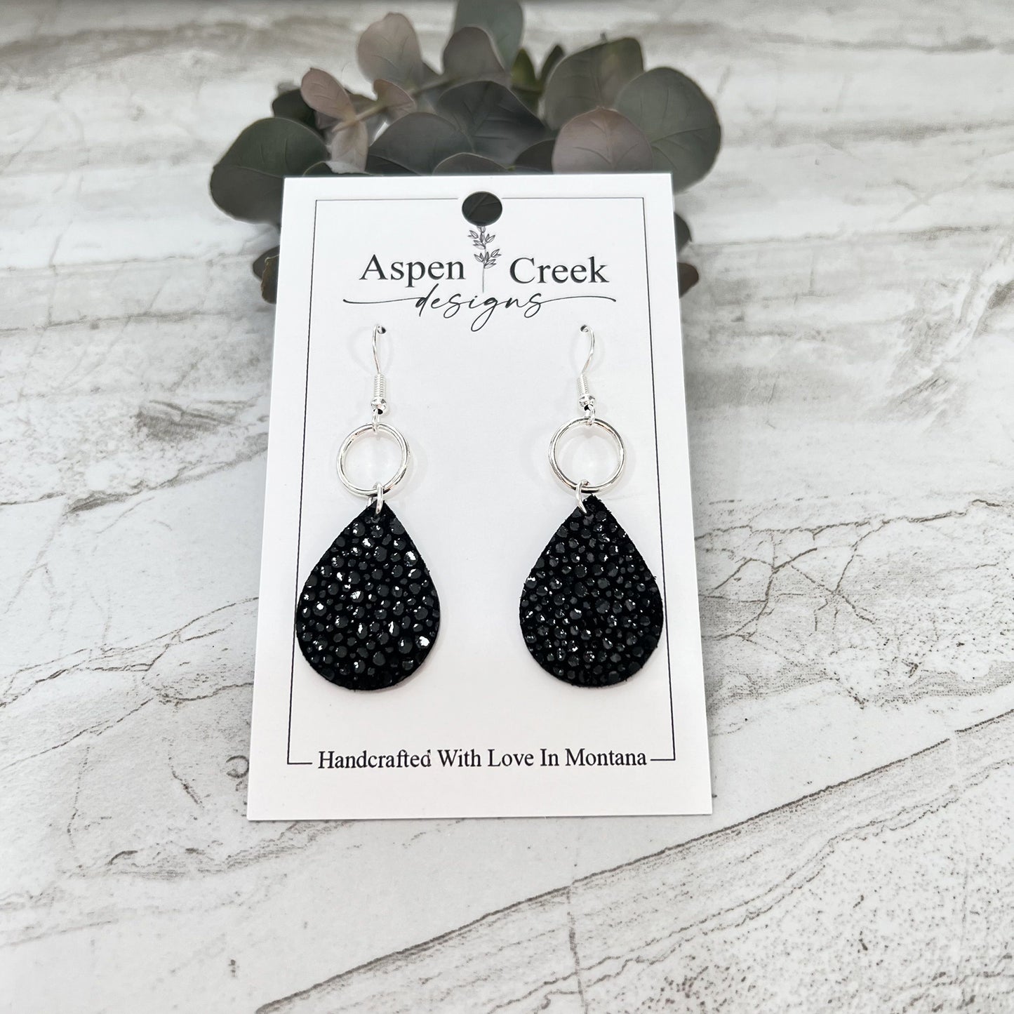 Leather & Wire Earrings- Black Bubbles