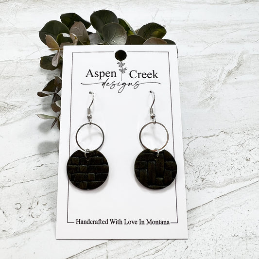 Leather & Wire Earrings- Dark Green Weave