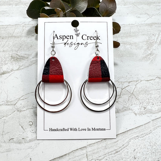 Leather & Wire Earrings- Red & Black Buffalo Plaid