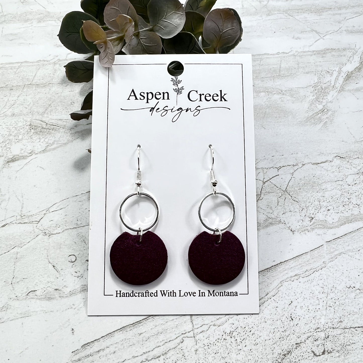 Leather & Wire Earrings- Brushed Purple Metallic