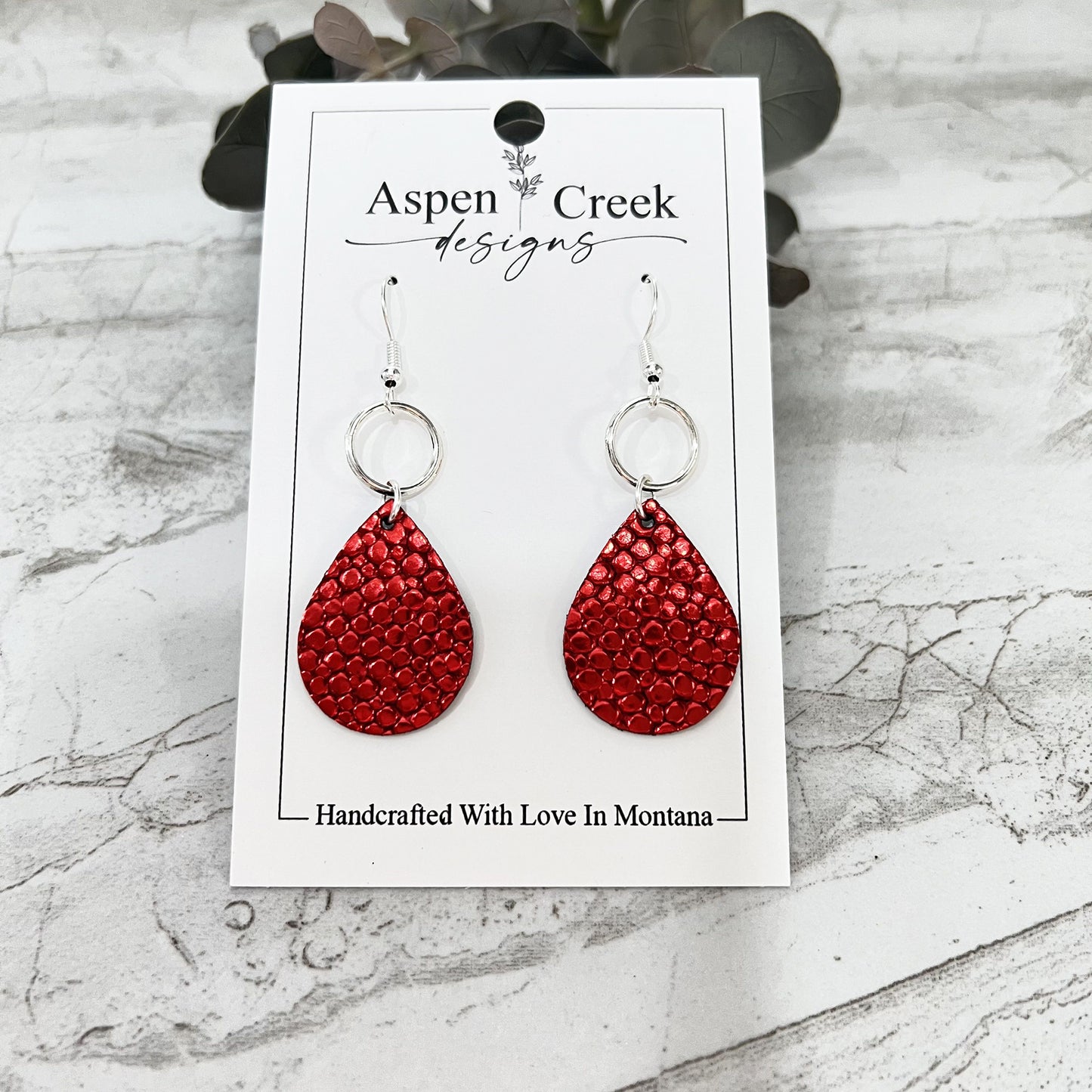 Leather & Wire Earrings- Metallic Red Bubbles