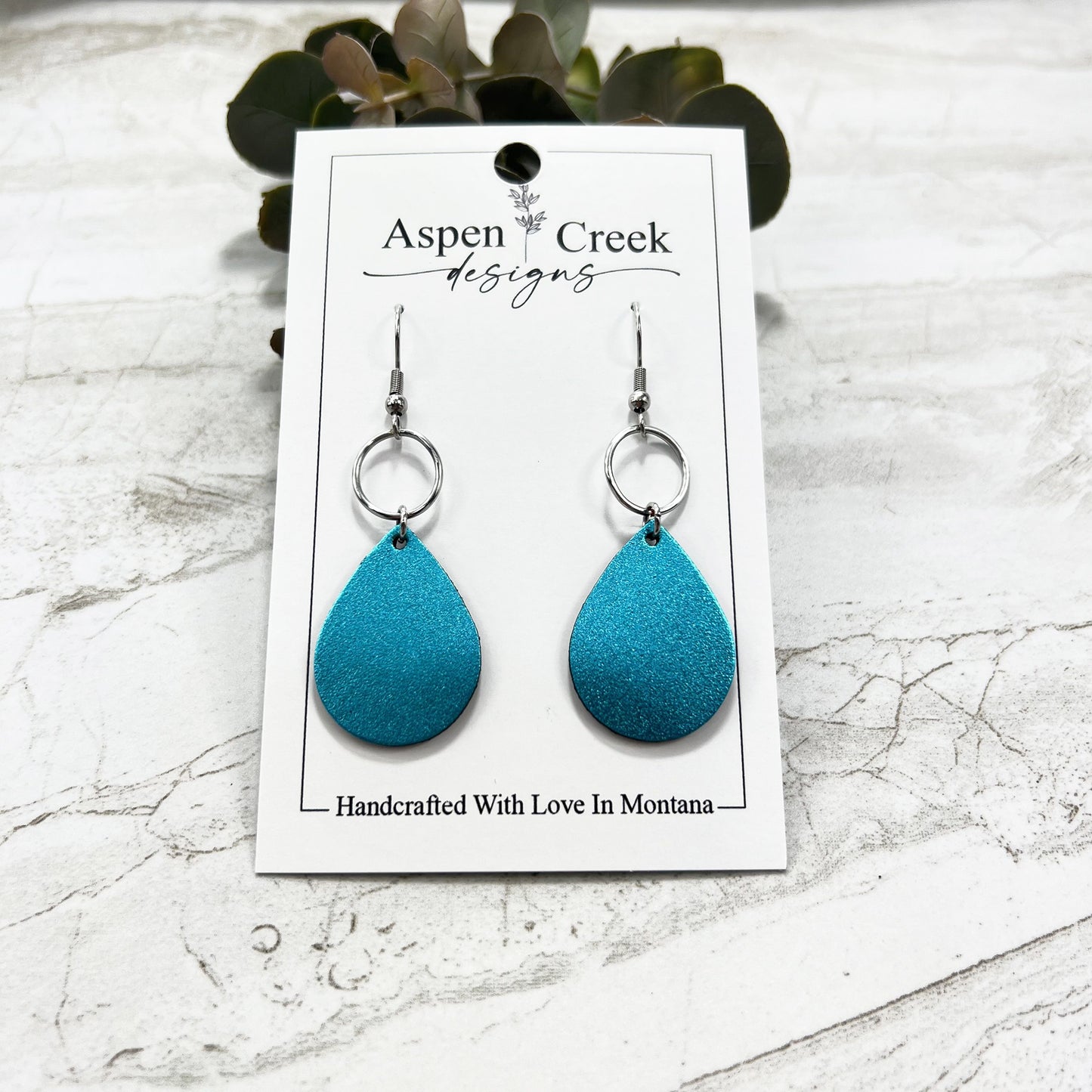 Leather & Wire Earrings- Brushed Turquoise Metallic