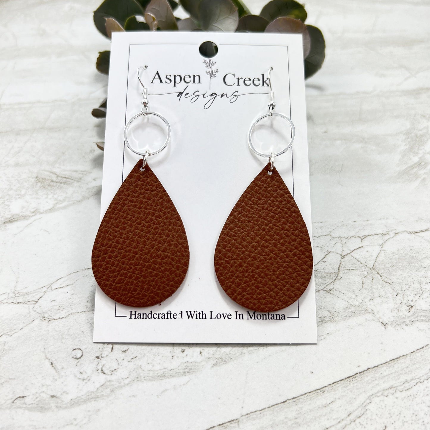 Leather & Wire Earrings- Brown Pebble