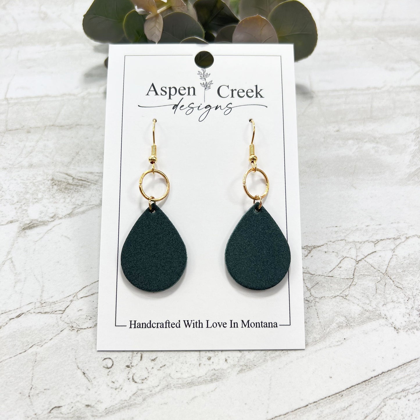 Leather & Wire Earrings- Brushed Emerald Metallic