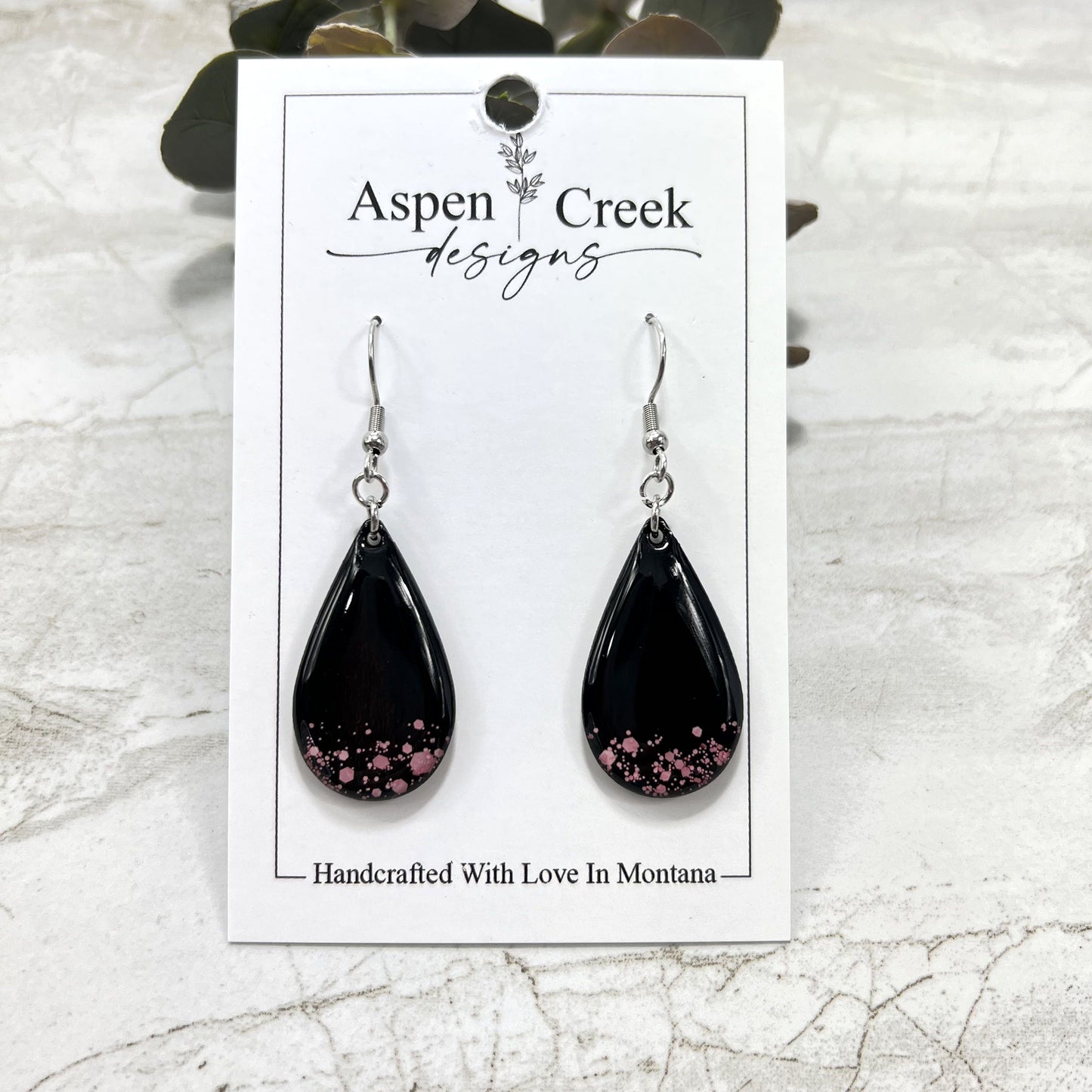 Resin Earrings- Pink splattered Black