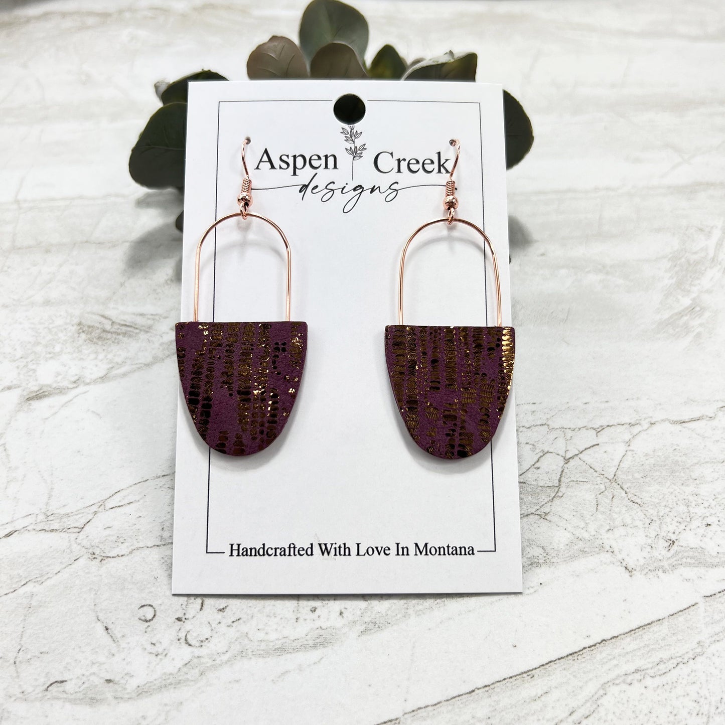 Leather & Wire Earrings- Rose Gold Metallic & Purple