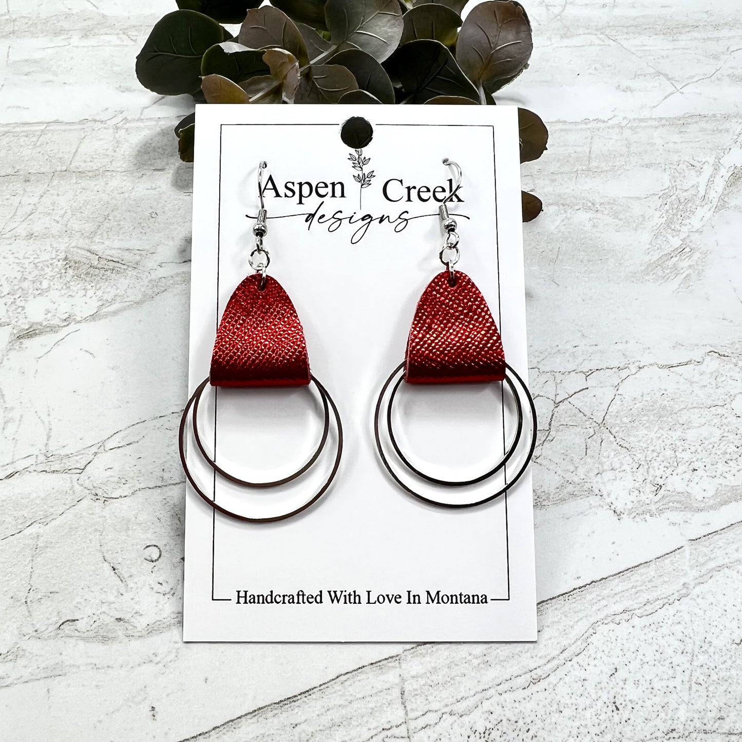 Leather & Wire Earrings- Red Metallic Saffiano