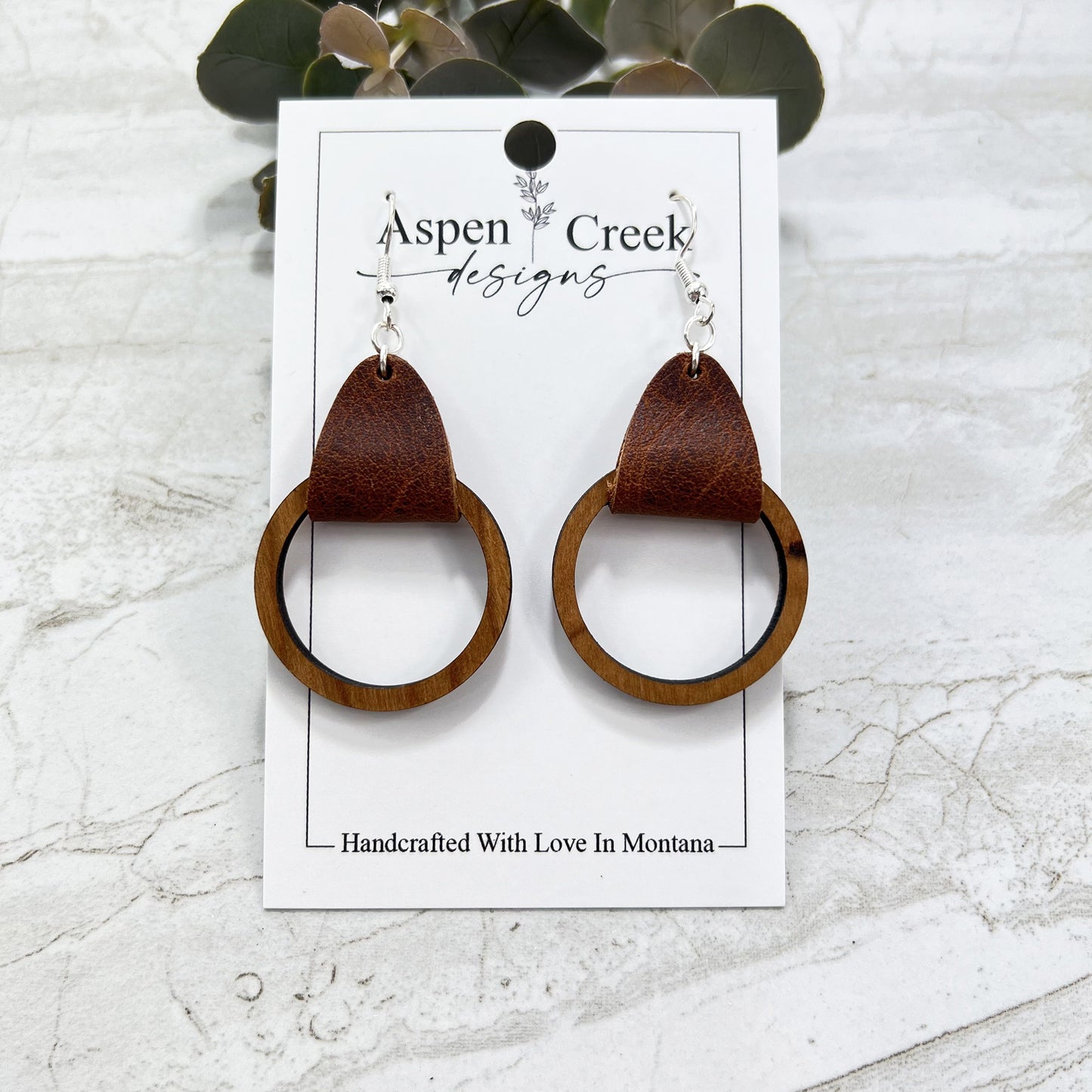 Leather Wood Tier Earrings- Cherry With Montana Brown