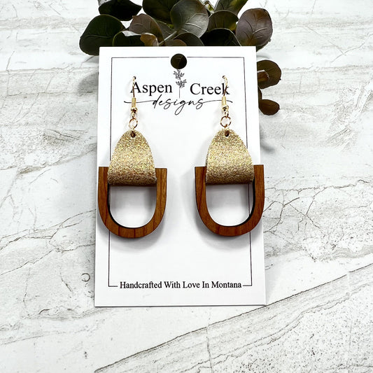 Leather Wood Tier Earrings- Cherry With Gold Dust