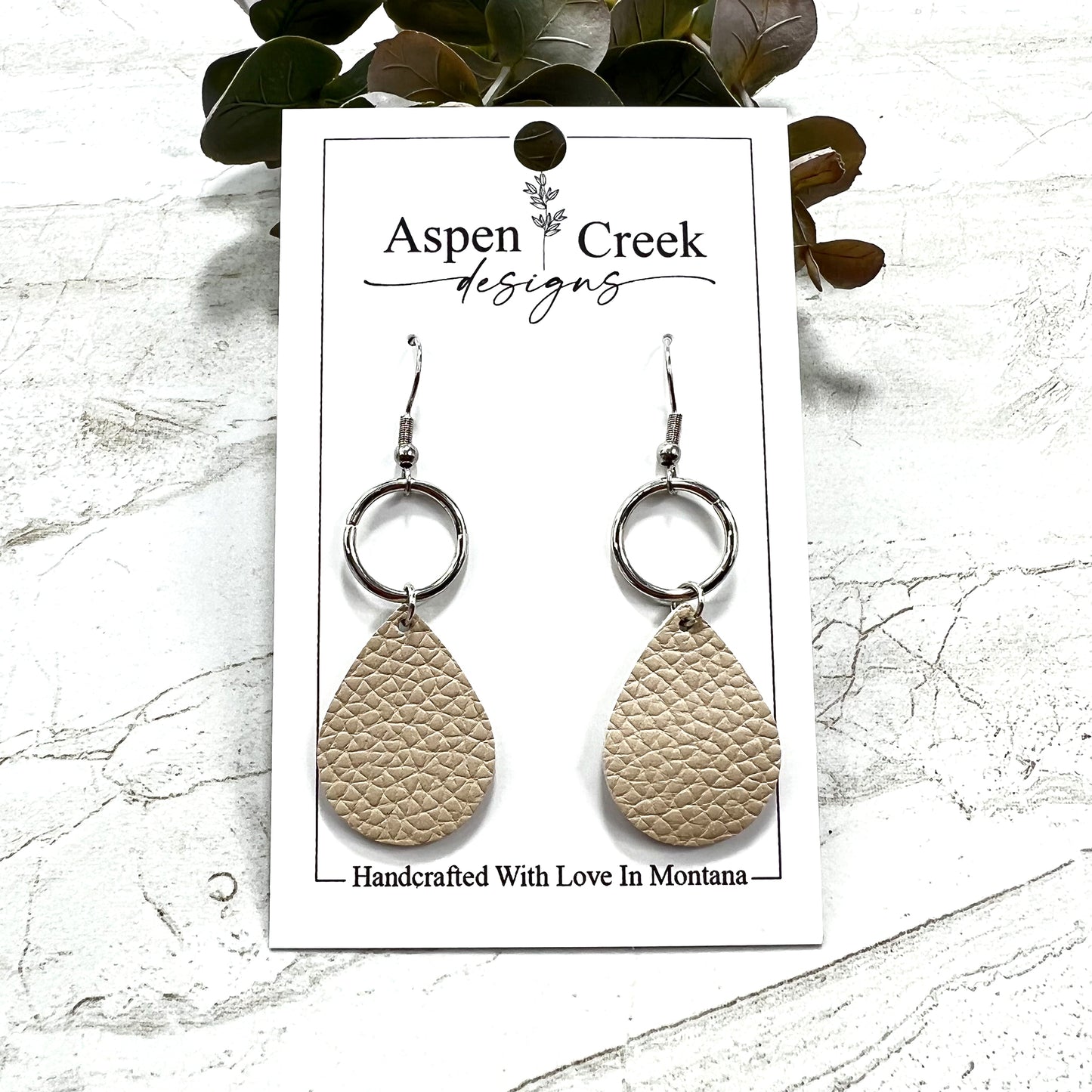 Leather & Wire Earrings- Nude Pebble