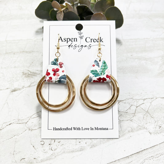 Leather & Wire Earrings- Holly Berries