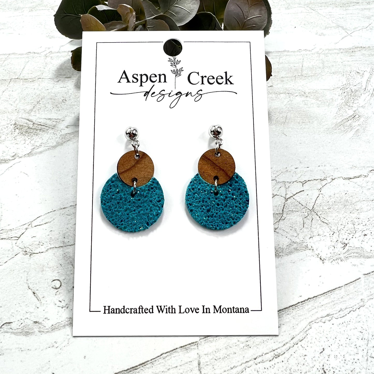 Leather Wood Tier Earrings- Cherry With Blue Sparkle