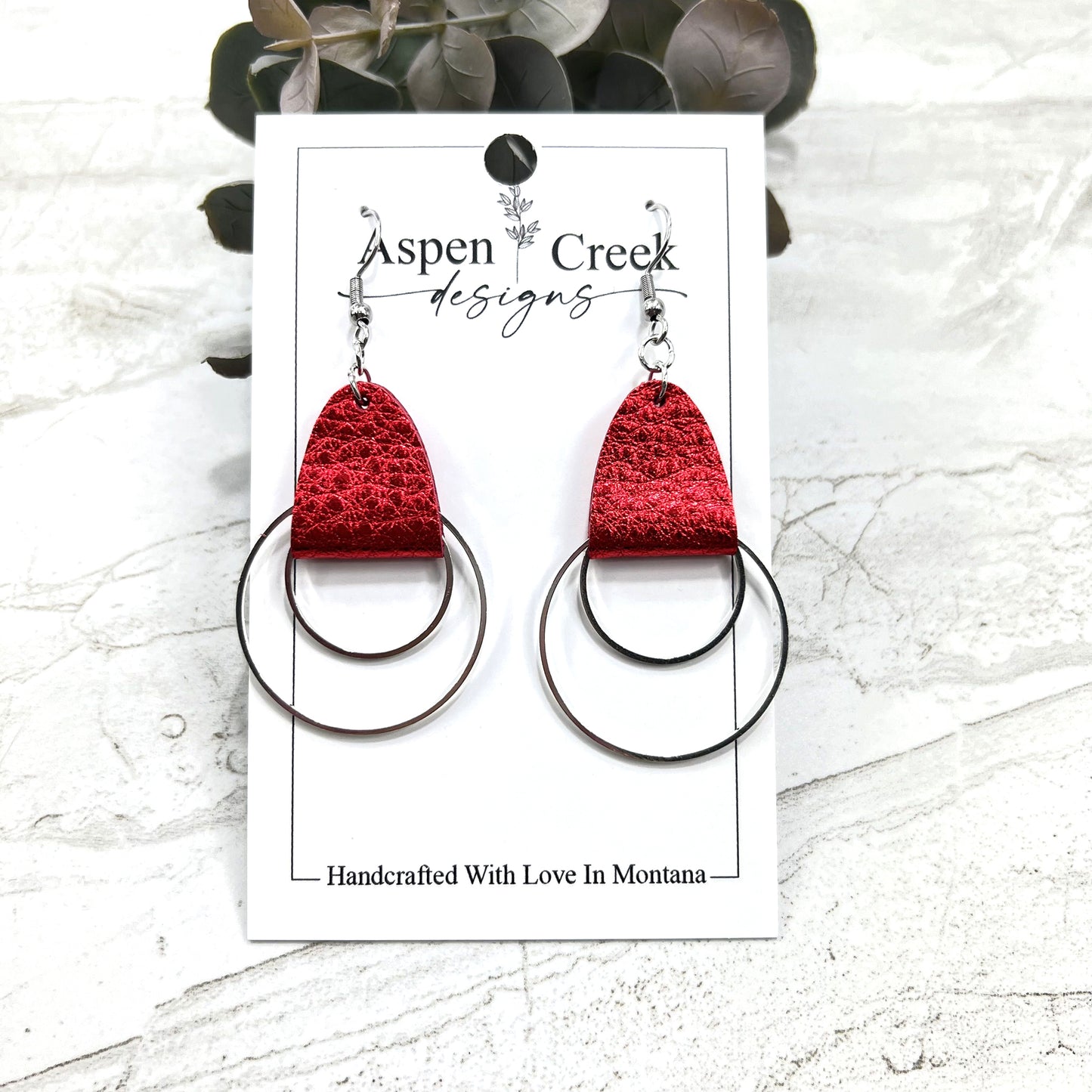 Leather & Wire Earrings- Red Metallic Pebble