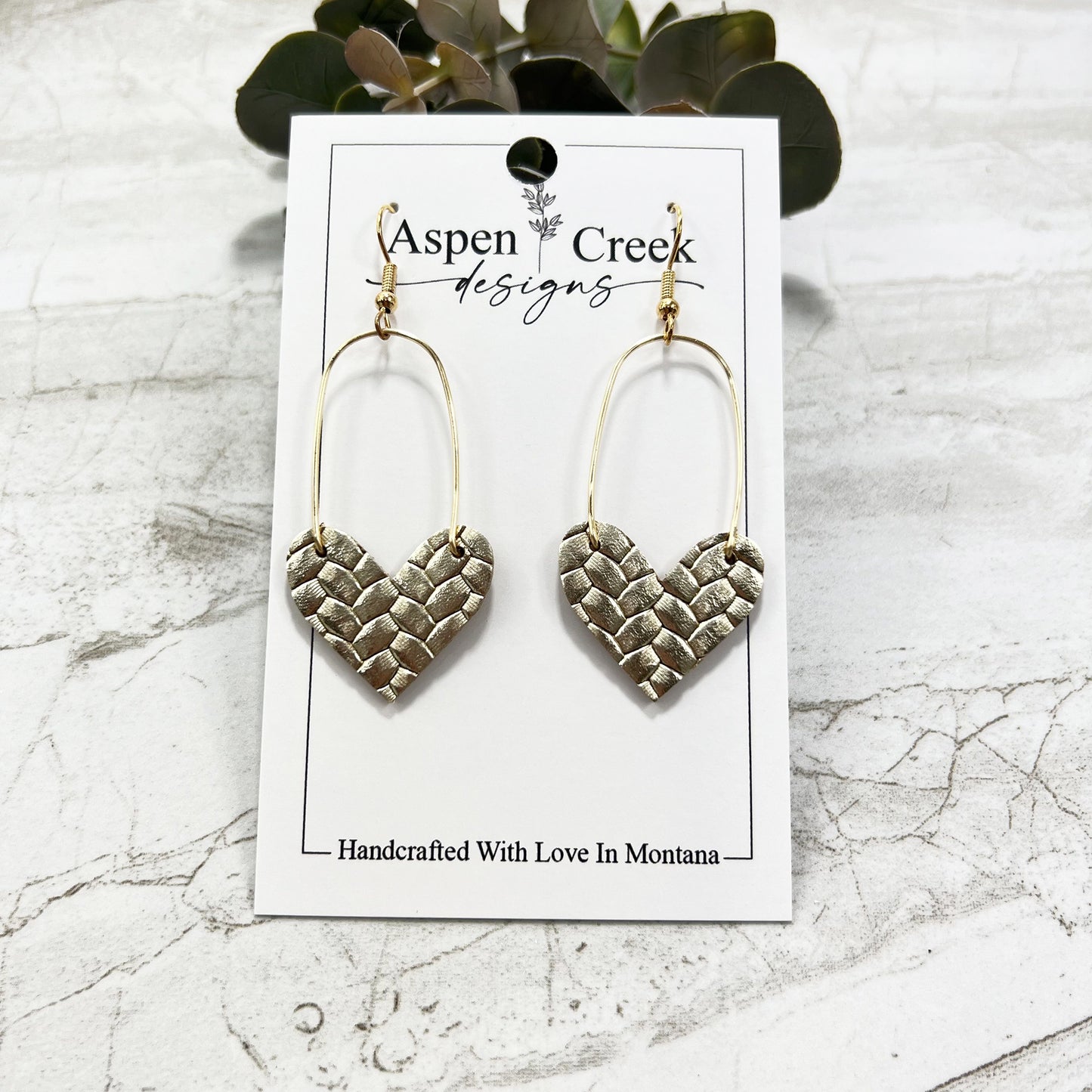 Leather & Wire Earrings- Champaign Gold Braid Heart