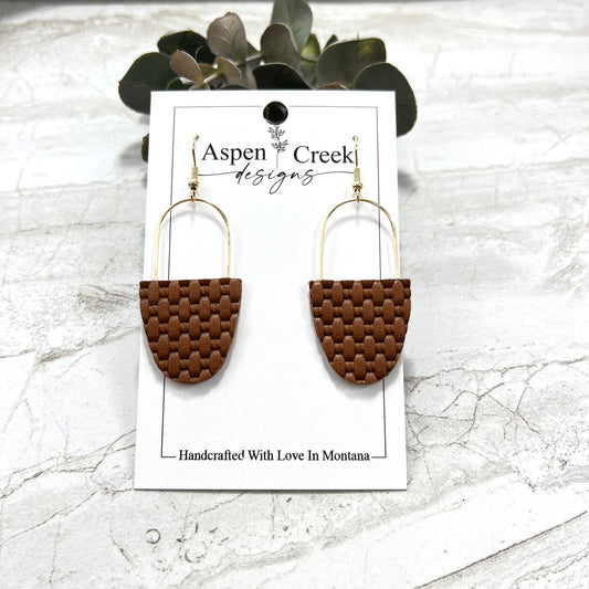 Leather & Wire Earrings- Brown Basket Weave